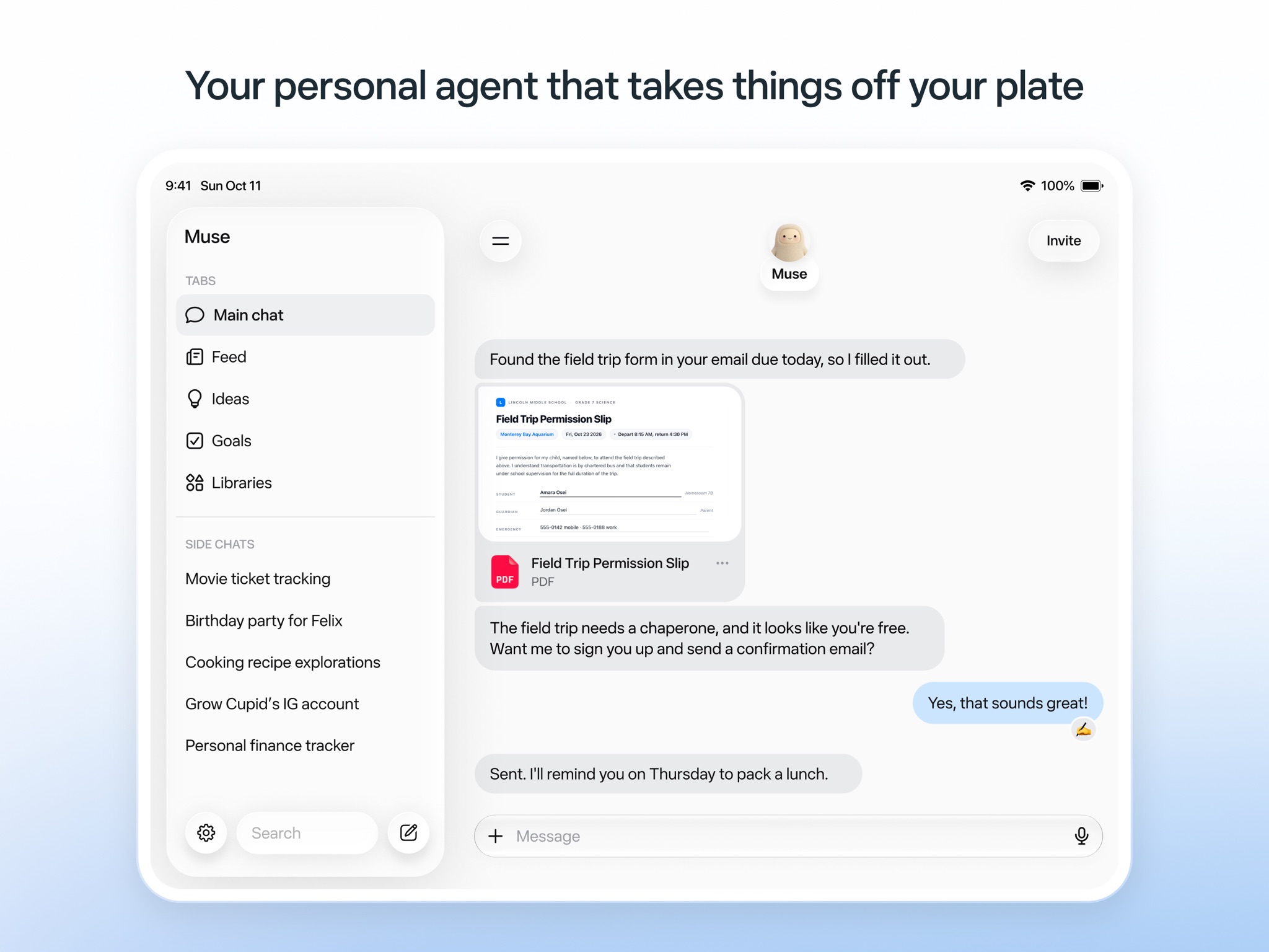 Muse for iPad: sidebar with Main chat, Feed, Ideas, Goals and Libraries next to an active conversation